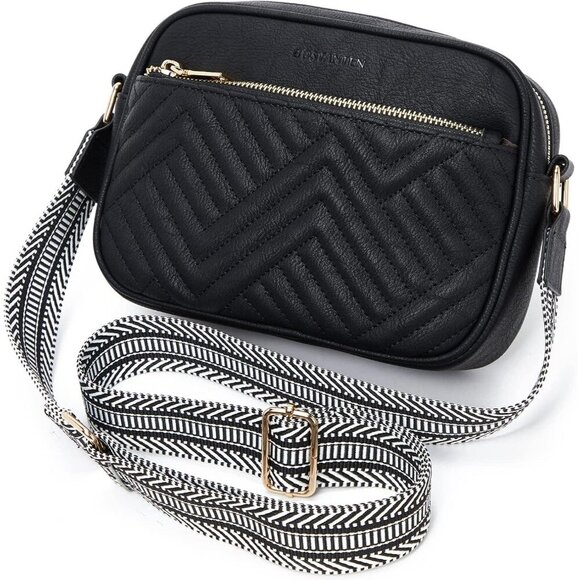 Quilted Vegan Leather Crossbody Black Bag Women Wide Strap and Shoulder Use - Picture 7 of 8